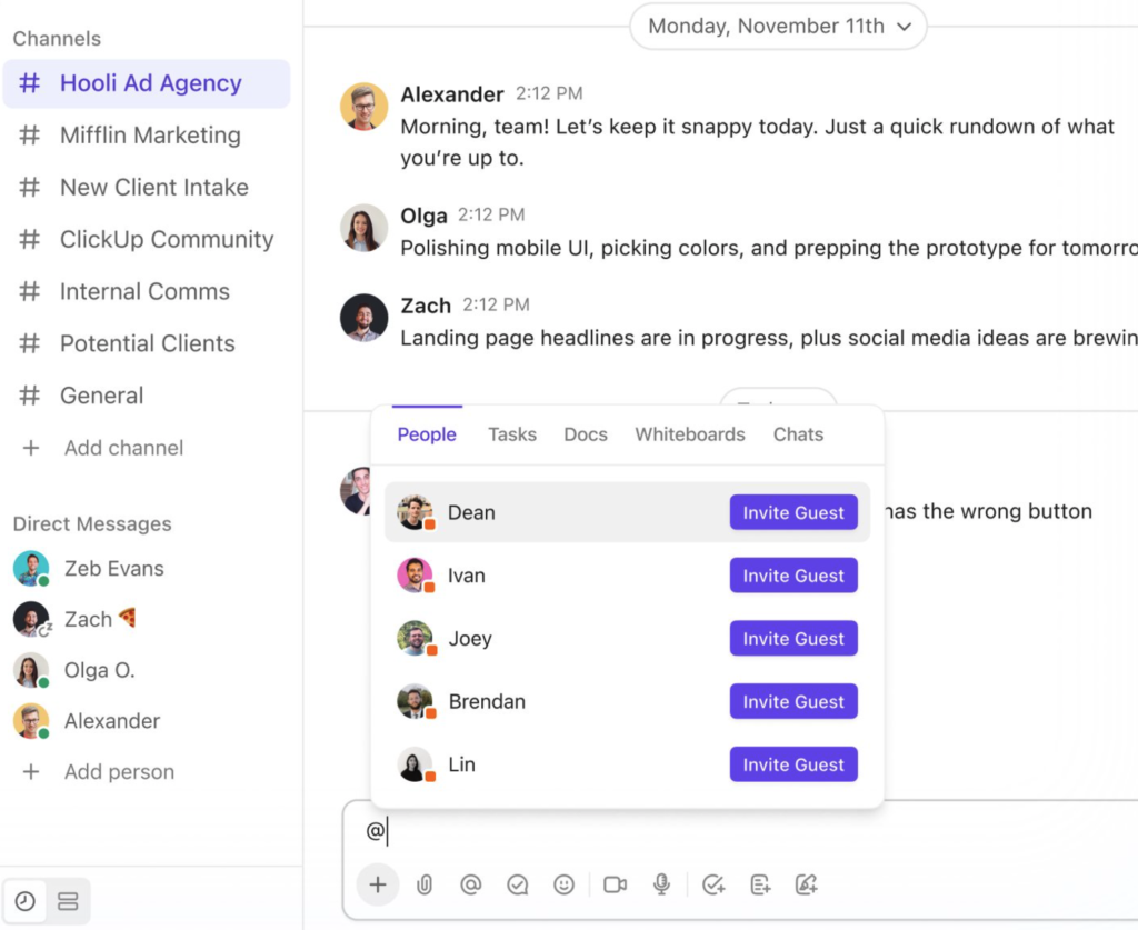ClickUp chat interface showing a team discussion in a topic channel with a guest invitation panel listing names of external users.